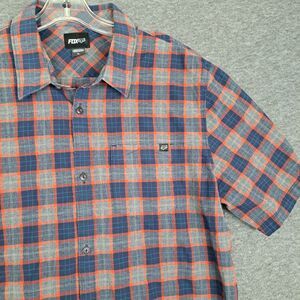 Fox Racing Button Up Short Sleeve Shirt Red Blue Gray Plaid Men's Size L Cotton